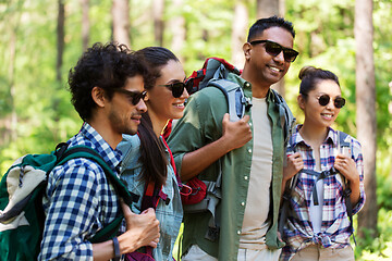 Image showing group of friends with backpacks hiking in forest