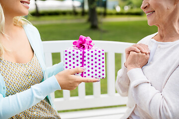 Image showing daughter giving present to senior mother at park