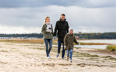 Image showing happy family walking along autumn beach