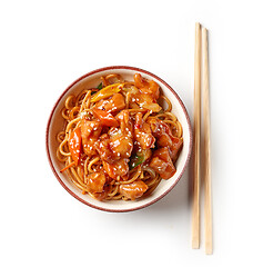 Image showing freid noodles with sweet and sour pork in bowl