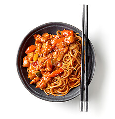 Image showing bowl of fried noodles and meat