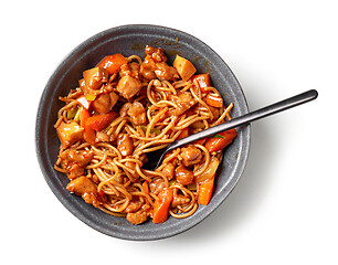 Image showing bowl of fried noodles and meat