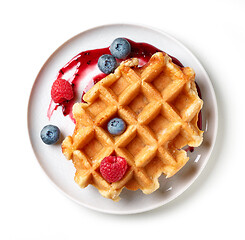 Image showing dessert of belgian waffle and fresh berries