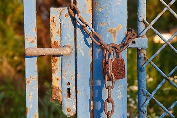 Image showing Old gate with padlock and chain