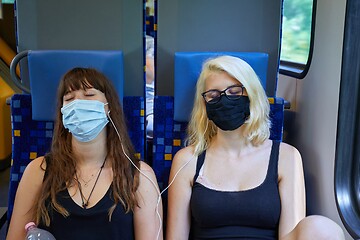 Image showing Young women on a train wearing masks