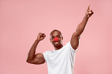 Image showing Happy afro man on red nose day.