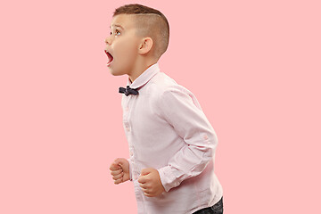 Image showing Isolated on pink young casual boy shouting at studio