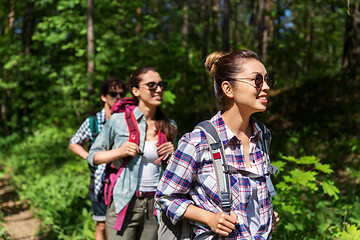 Image showing group of friends with backpacks hiking in forest