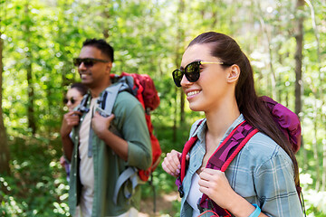 Image showing group of friends with backpacks hiking in forest