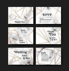 Image showing Series of invitation wedding illustrations in art deco style. Geometric golden lines on marble background. Vector