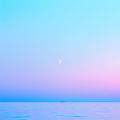 Image showing Blue With Pink Night Sky And A Crescent Moon Over The Sea