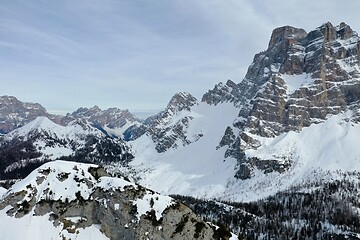 Image showing aerial snow covered mountain peaks in alps at winter 