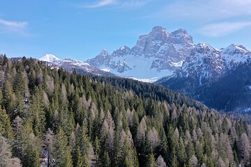 Image showing aerial snow covered mountain peaks in alps at winter 