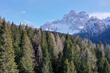 Image showing aerial snow covered mountain peaks in alps at winter 