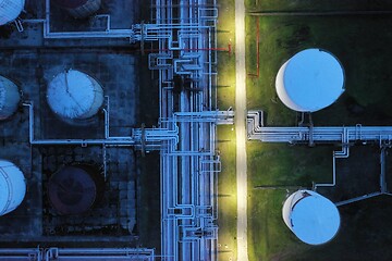 Image showing oil petrol refinery tank aerial top view