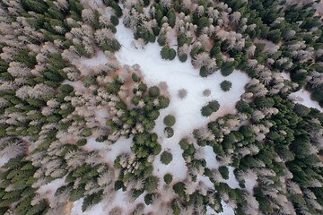 Image showing aerial snow covered mountain peaks in alps at winter 