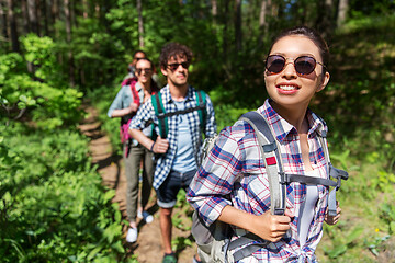 Image showing group of friends with backpacks hiking in forest