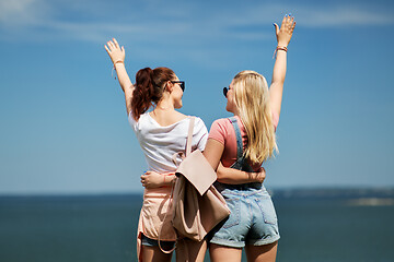 Image showing teenage girls or best friends at seaside in summer