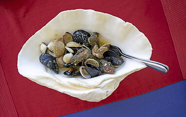 Image showing Delicious dish of mixed shellfish served in a large shell 