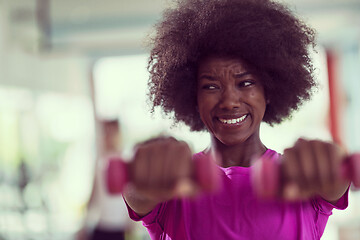 Image showing woman working out in a crossfit gym with dumbbells