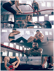 Image showing Collage about exercises in the fitness gym.