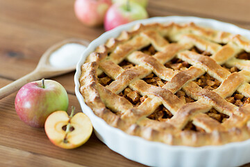 Image showing close up of apple pie on wooden table