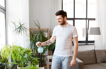 Image showing man spraying houseplants with water at home