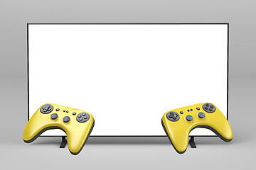 Image showing Gaming controllers and TV with empty screen