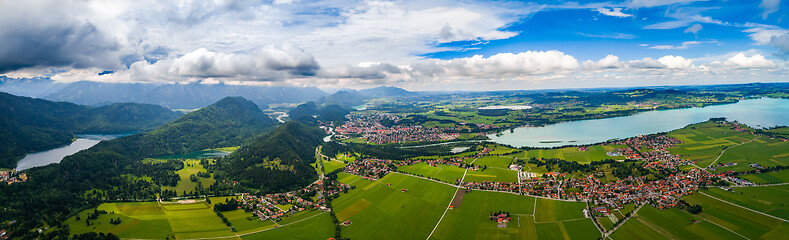 Image showing Panorama from the air sunset Forggensee and Schwangau, Germany, 