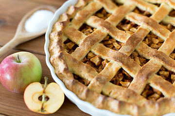 Image showing close up of apple pie on wooden table