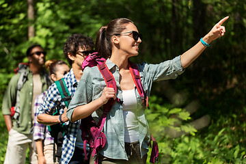 Image showing group of friends with backpacks hiking in forest