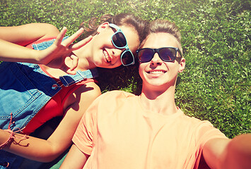 Image showing happy teenage couple taking selfie on summer grass