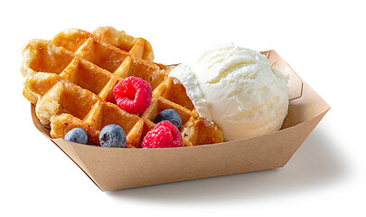 Image showing belgian waffle with fresh berries and vanilla ice cream