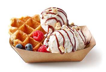 Image showing belgian waffle with fresh berries and vanilla ice cream