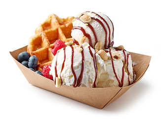 Image showing belgian waffle with fresh berries and vanilla ice cream