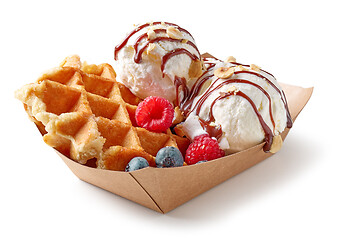 Image showing belgian waffle with fresh berries and vanilla ice cream