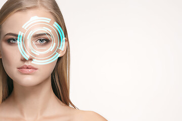 Image showing Future woman with cyber technology eye panel, cyberspace interface, ophthalmology concept