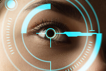 Image showing Future woman with cyber technology eye panel, cyberspace interface, ophthalmology concept
