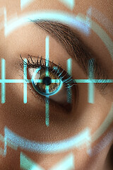 Image showing Future woman with cyber technology eye panel, cyberspace interface, ophthalmology concept