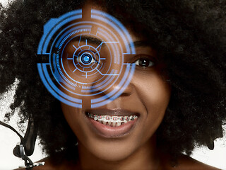 Image showing Future woman with cyber technology eye panel, cyberspace interface, ophthalmology concept