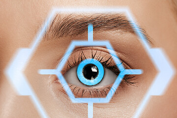 Image showing Future woman with cyber technology eye panel, cyberspace interface, ophthalmology concept