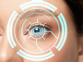 Image showing Future woman with cyber technology eye panel, cyberspace interface, ophthalmology concept