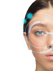 Image showing Future woman with cyber technology eye panel, cyberspace interface, ophthalmology concept