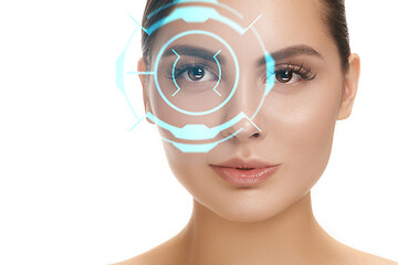 Image showing Future woman with cyber technology eye panel, cyberspace interface, ophthalmology concept