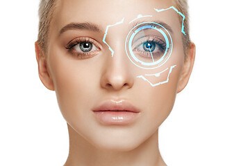 Image showing Future woman with cyber technology eye panel, cyberspace interface, ophthalmology concept