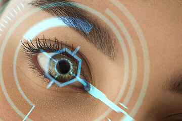 Image showing Future woman with cyber technology eye panel, cyberspace interface, ophthalmology concept