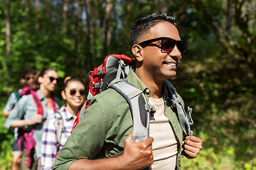 Image showing group of friends with backpacks hiking in forest