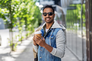 Image showing indian man with bag and takeaway coffee in city