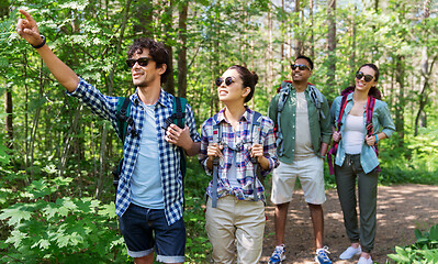 Image showing group of friends with backpacks hiking in forest