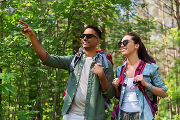 Image showing mixed race couple with backpacks hiking in forest